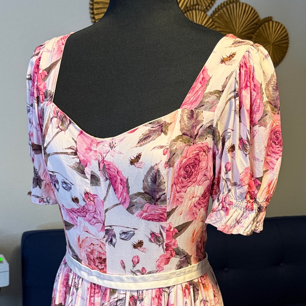 Ivy City Co. Pink Floral Print Sweetheart Square Neck Puff Sleeve Dress Medium - Picture 3 of 12